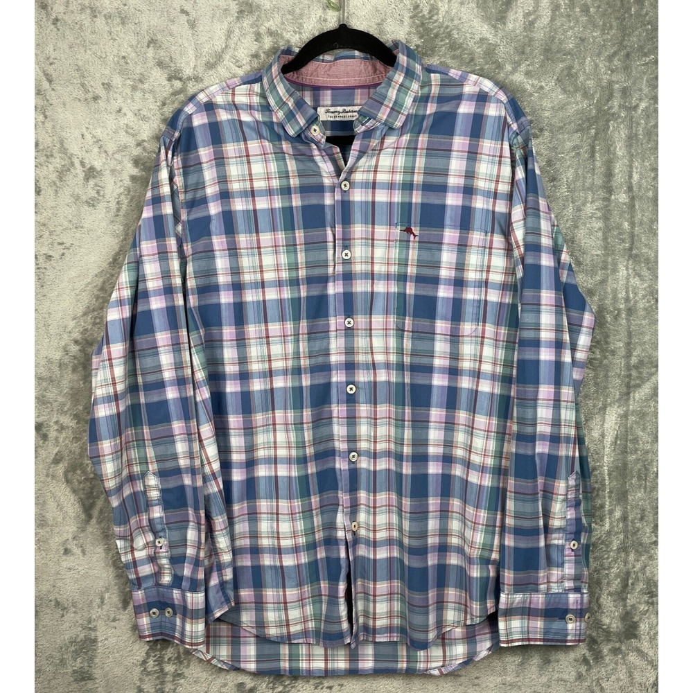 Tommy Bahama Shirt Mens Large Newport Coast Blue Plaid Button Up Flip Cuff Pima